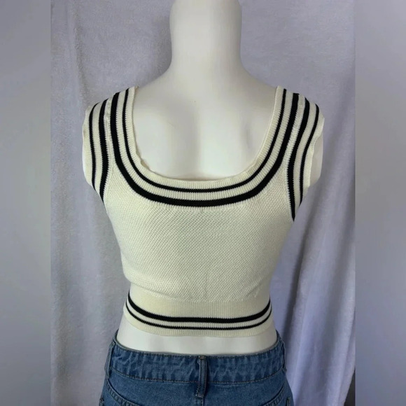 Shein Mod Cropped Knit Tank Top Sleeveless Striped Trim Cream Black L - Picture 2 of 4